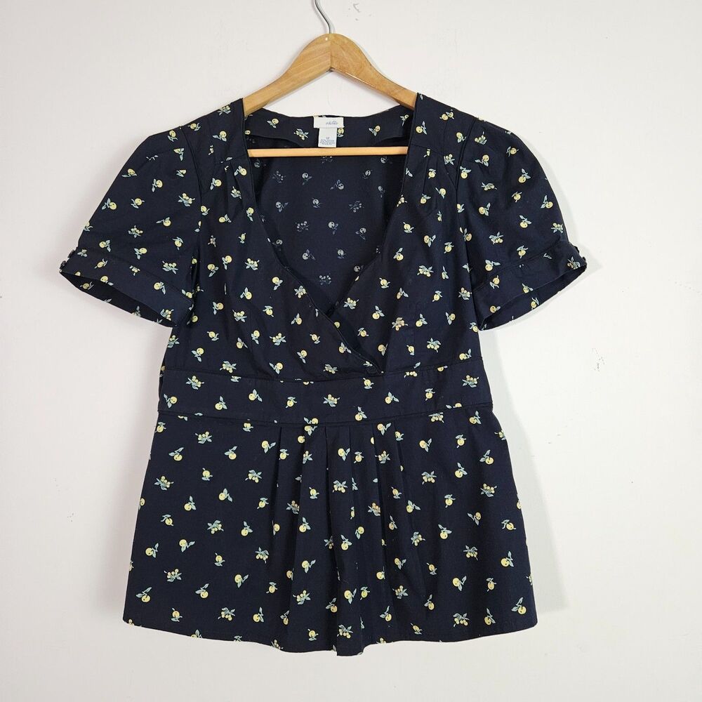 Anthropologie Odille Top 12 Navy Blue Lemon Printed Pleated Boho Chic Romantic